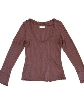 We the Free Waffle Knit Chocolate Brown Lettuce Hem Scoop Neck Top Size Medium